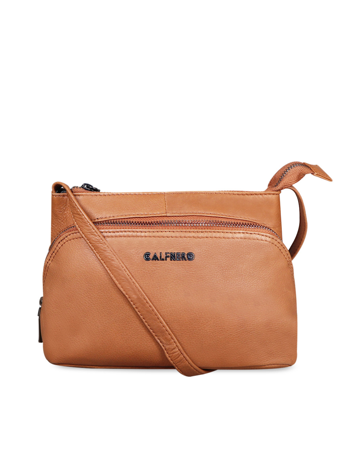 CALFNERO Camel Brown Leather Structured Sling Bag with Applique