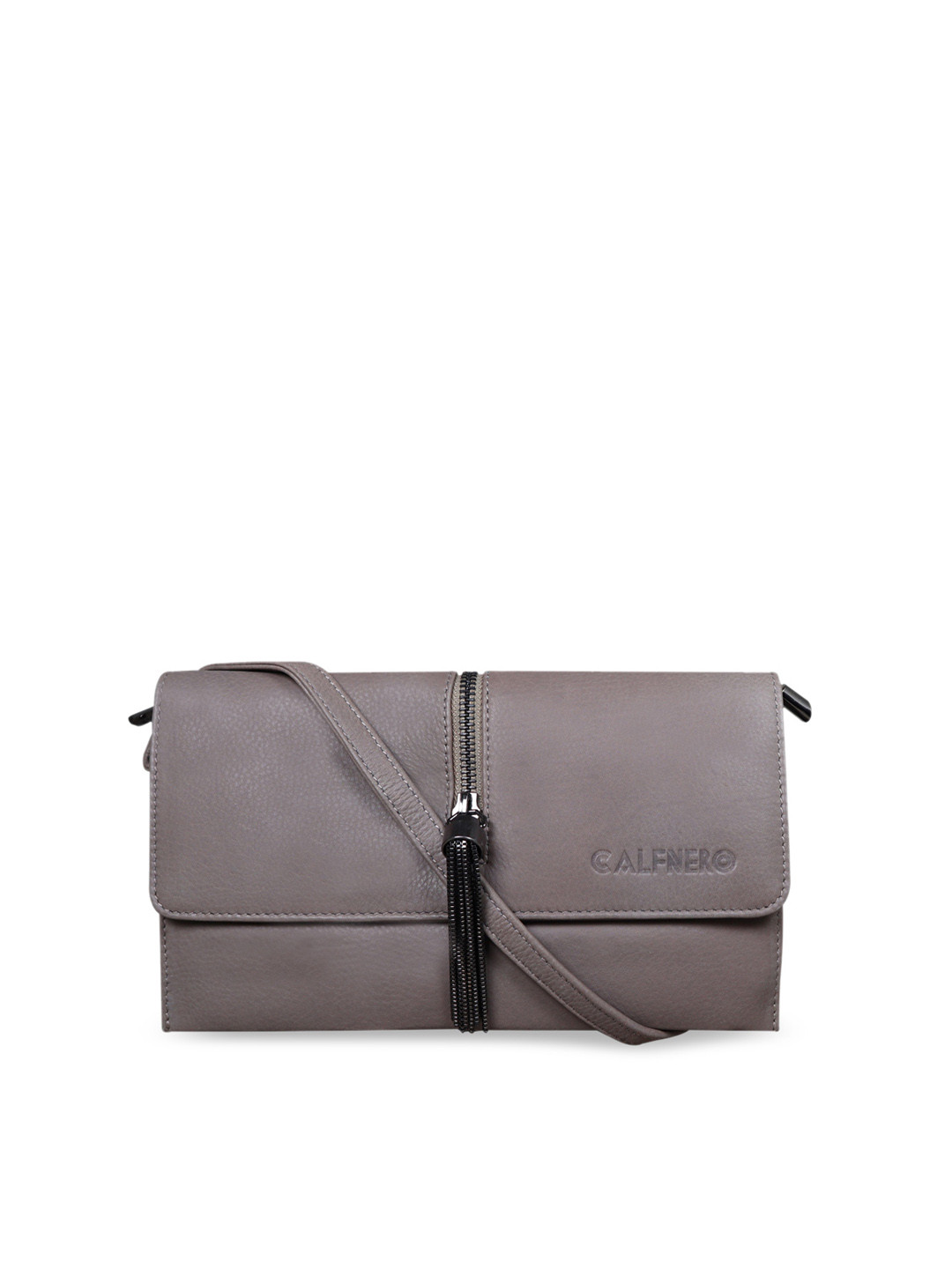 CALFNERO Taupe Leather Structured Sling Bag with Tasselled