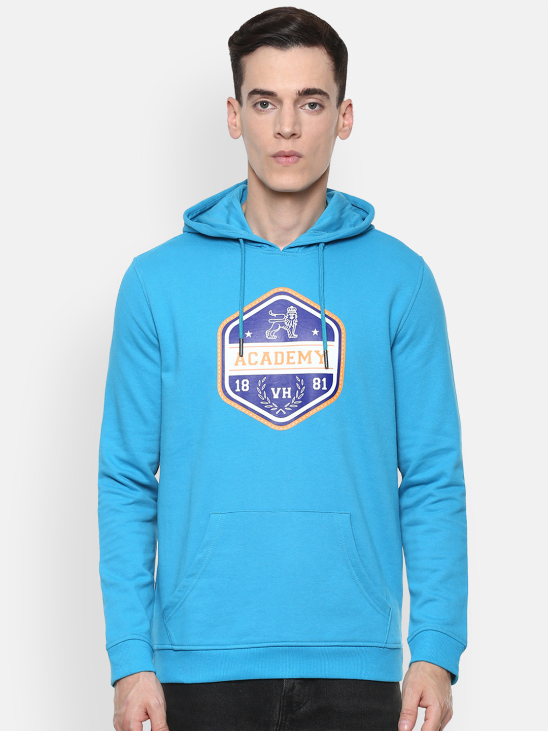 Van Heusen ACADEMY Men Blue Printed Hooded Sweatshirt