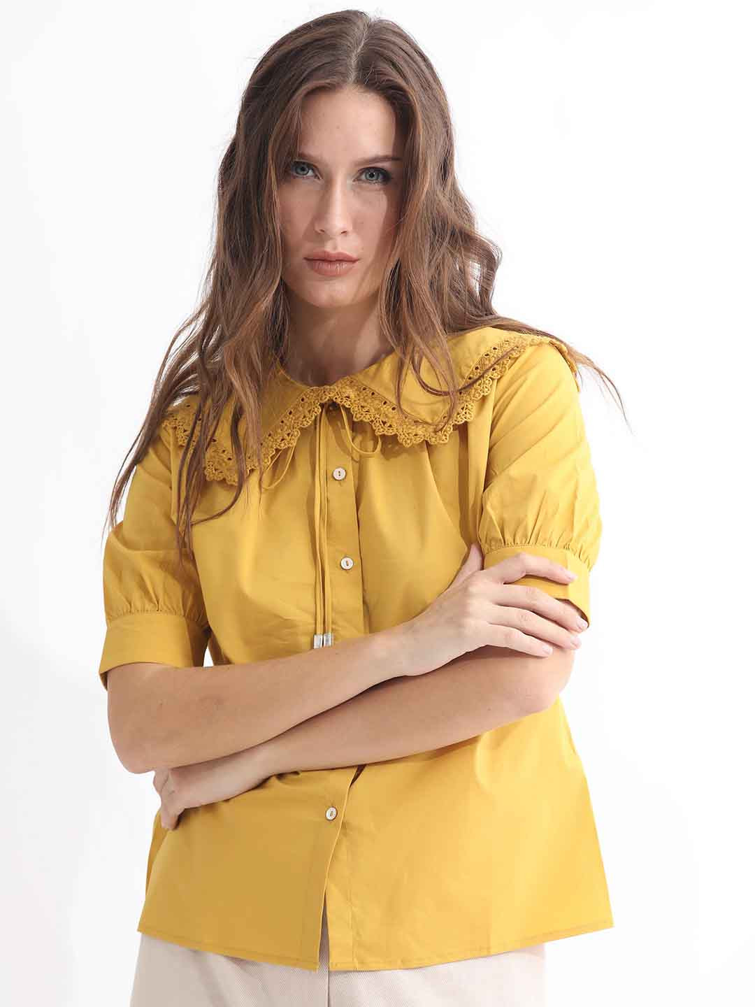RAREISM Yellow Peter Pan Collar Shirt Style Top