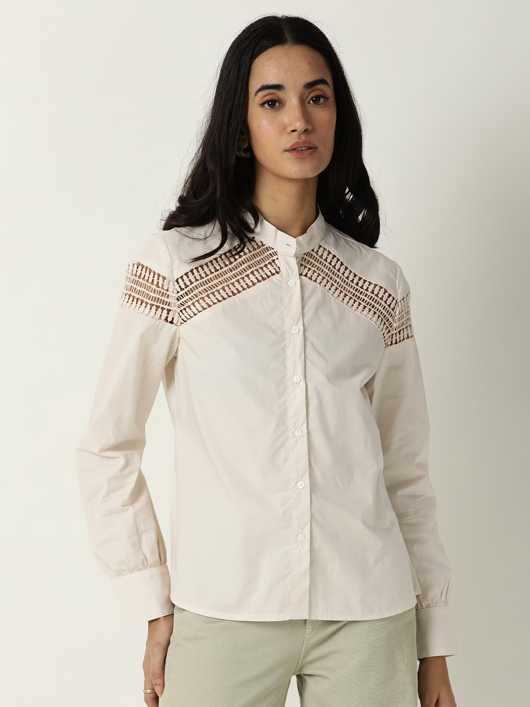 RAREISM Beige Mandarin Collar Shirt Style Top