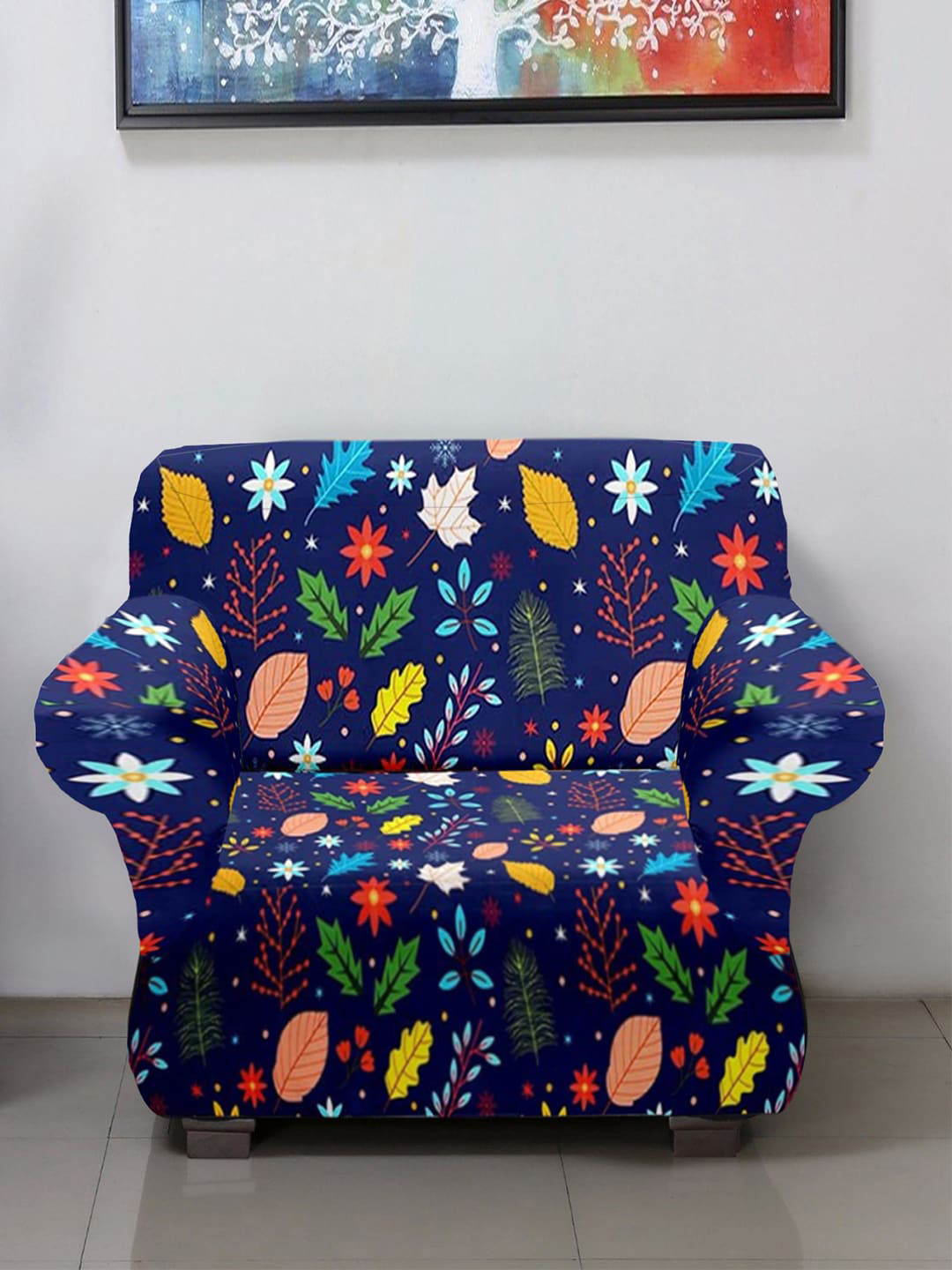 Kuber Industries Blue Leaf Printed Stretchable Single Seater Sofa Cover With Foam Stick