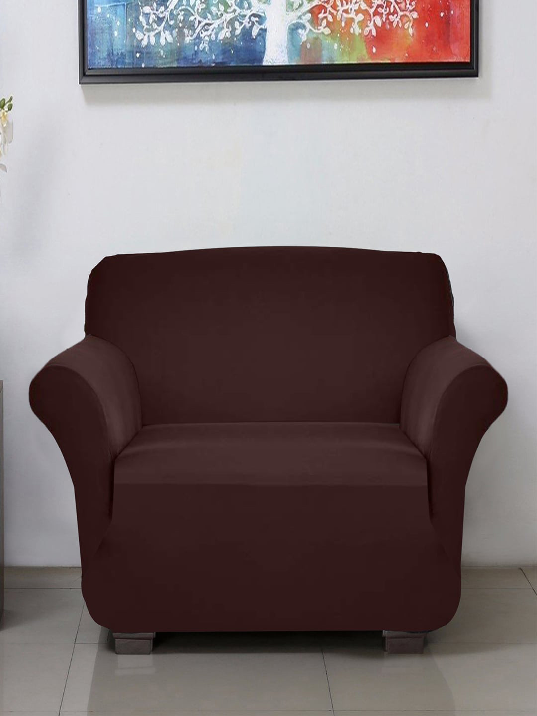 Kuber Industries Brown Solid Single Seater Sofa Cover With Foam Stick