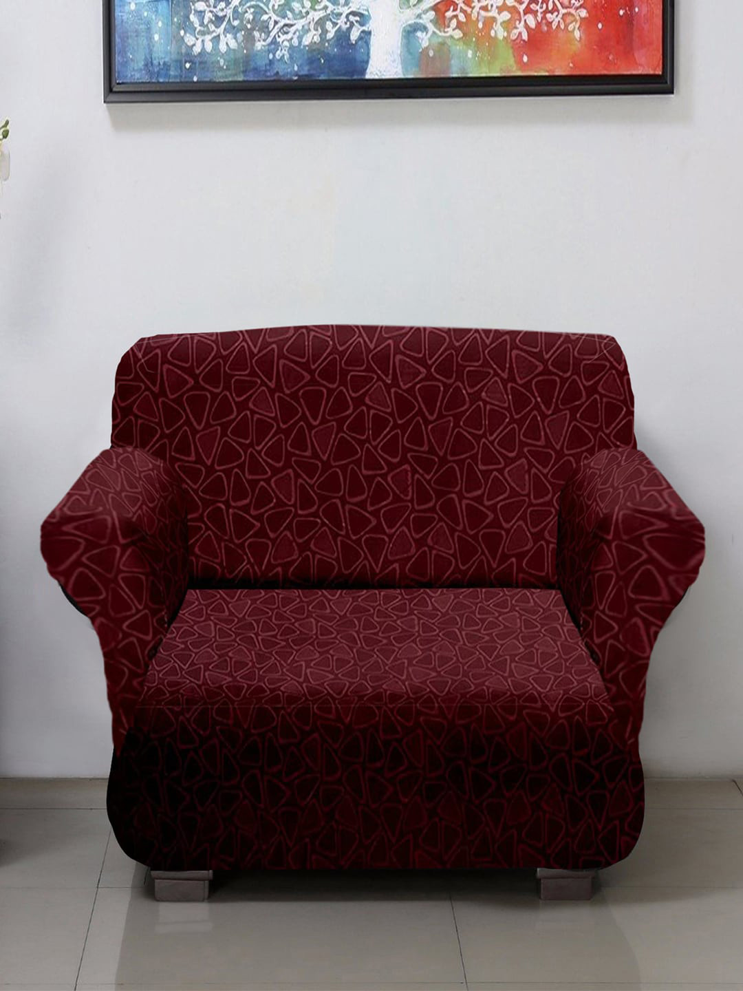 Kuber Industries Maroon Triangle Printed Single Seater Sofa Cover With Foam Stick