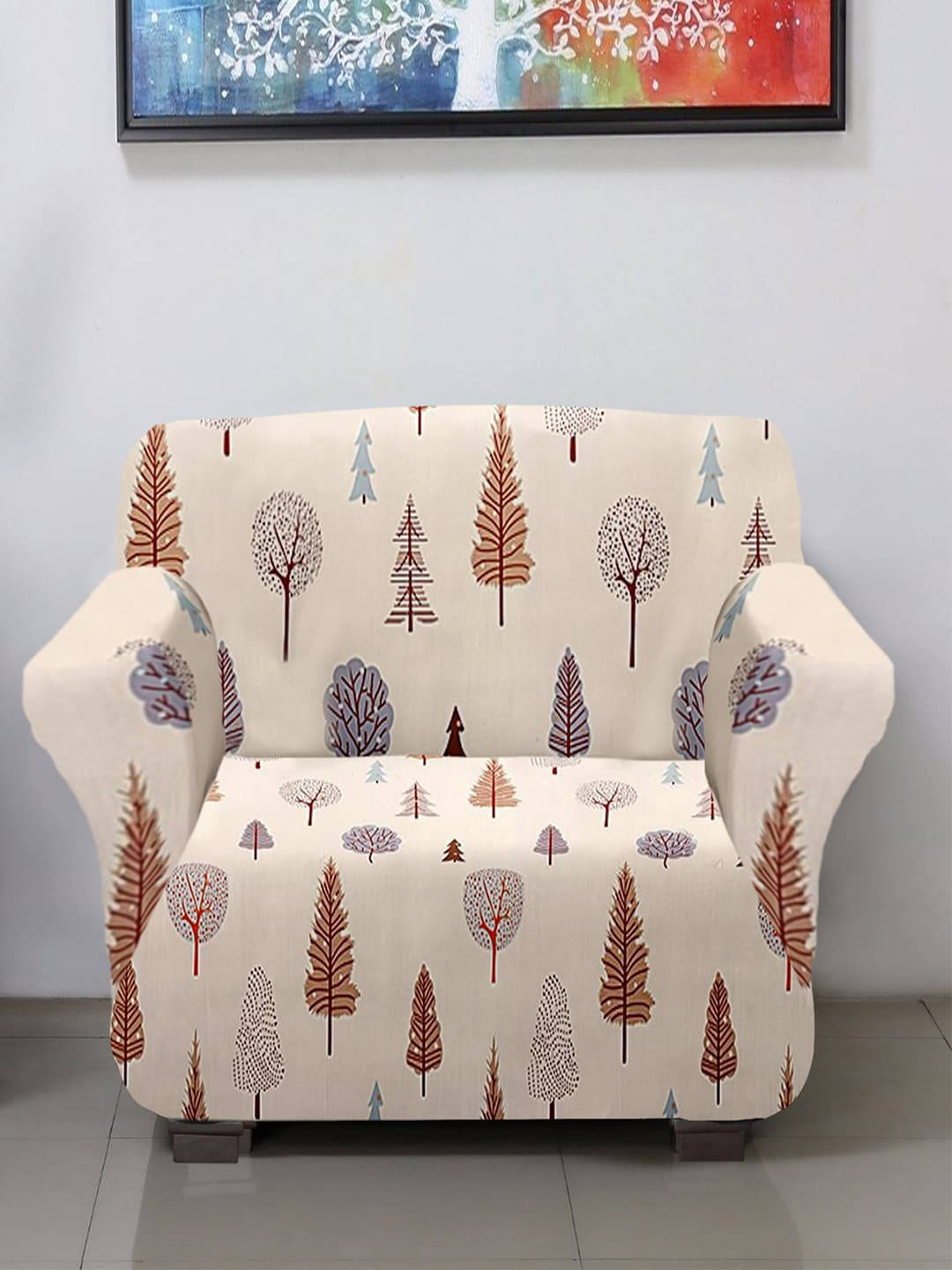 Kuber Industries Cream Coloured & Brown Leaf Printed Single Seater Sofa Cover With Foam Stick