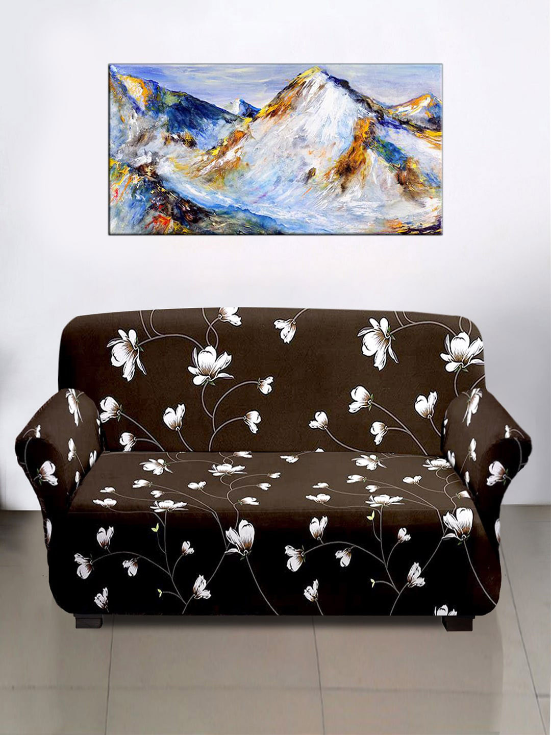 Kuber Industries Brown Flower Printed Stretchable 3 Seater Sofa Cover With Foam Stick