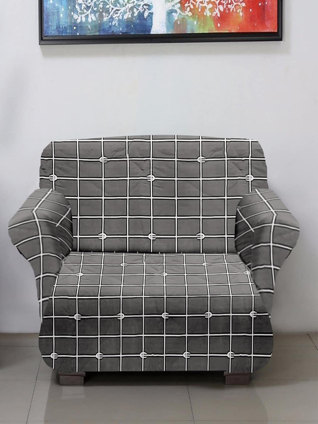 Kuber Industries Set of 2 Grey & White Checked 1 & 3 Seater Sofa Cover Set