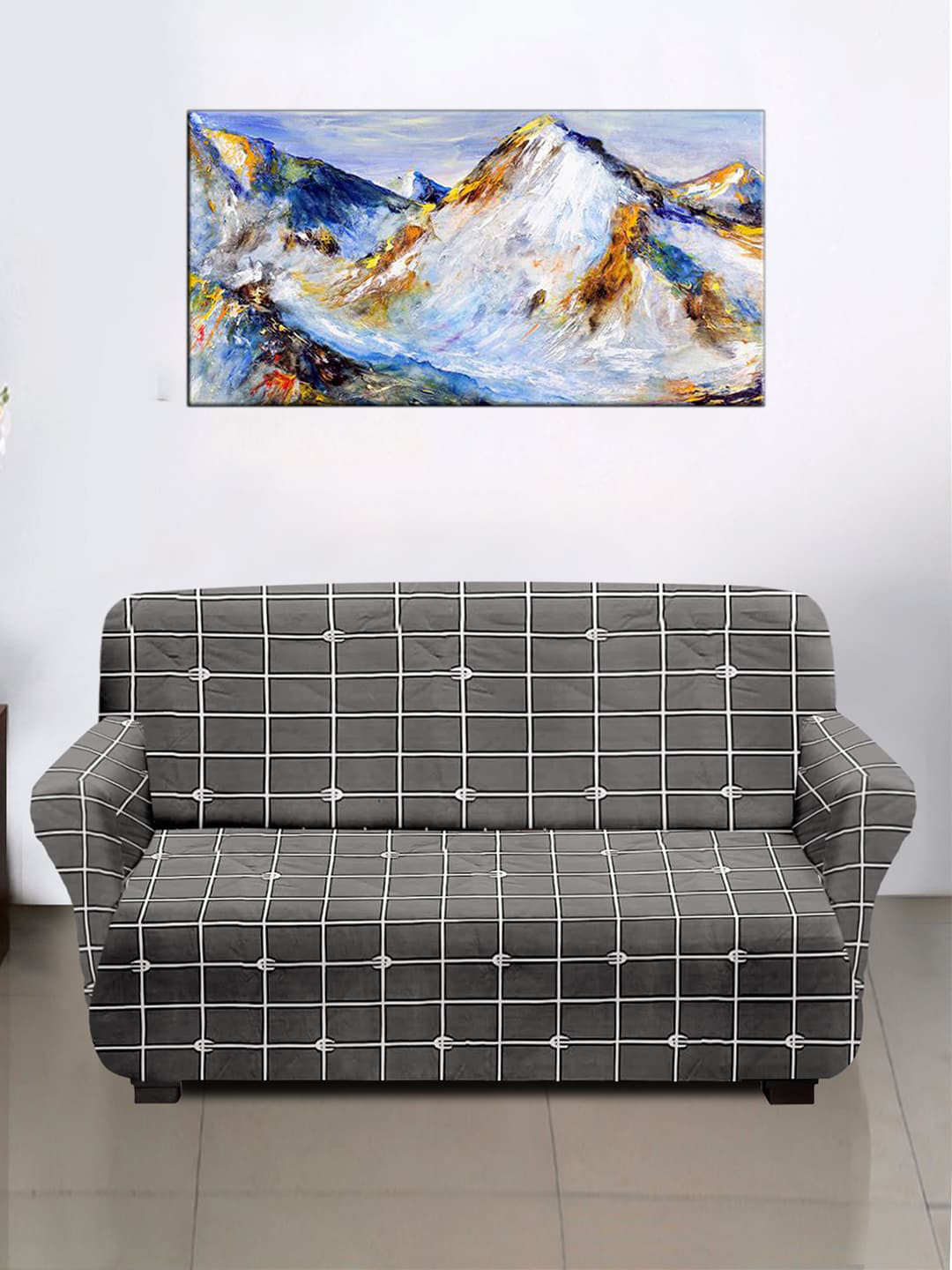 Kuber Industries Grey Check Printed Stretchable 3 Seater Sofa Cover With Foam Stick