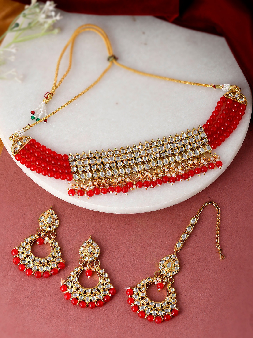 Shoshaa Gold-Plated White & Red Stone-Studded Beaded Jewellery Set