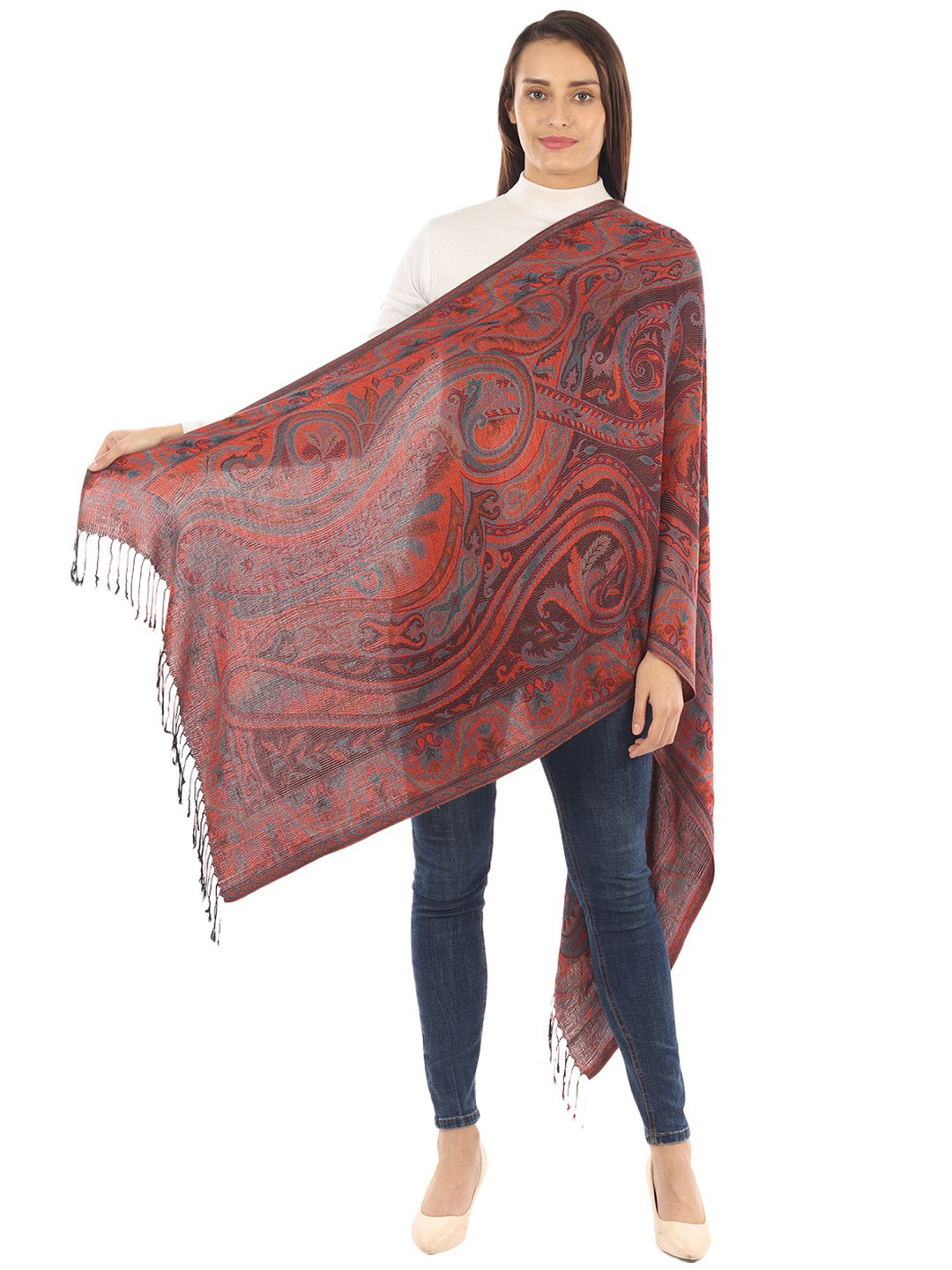 MUFFLY Women Maroon Woven Design Pashmina Stole