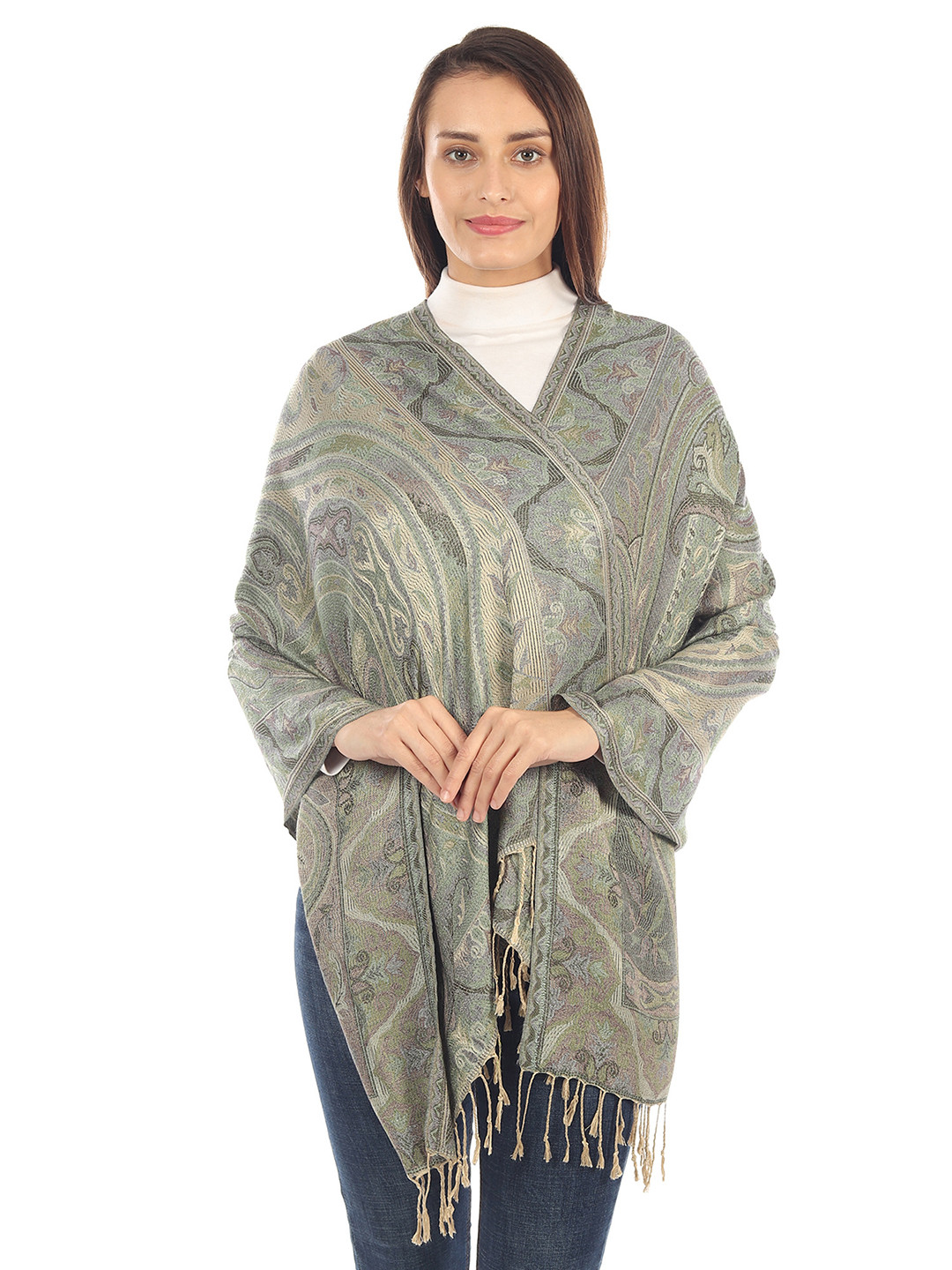 MUFFLY Women Green Woven Design Pashmina Stole