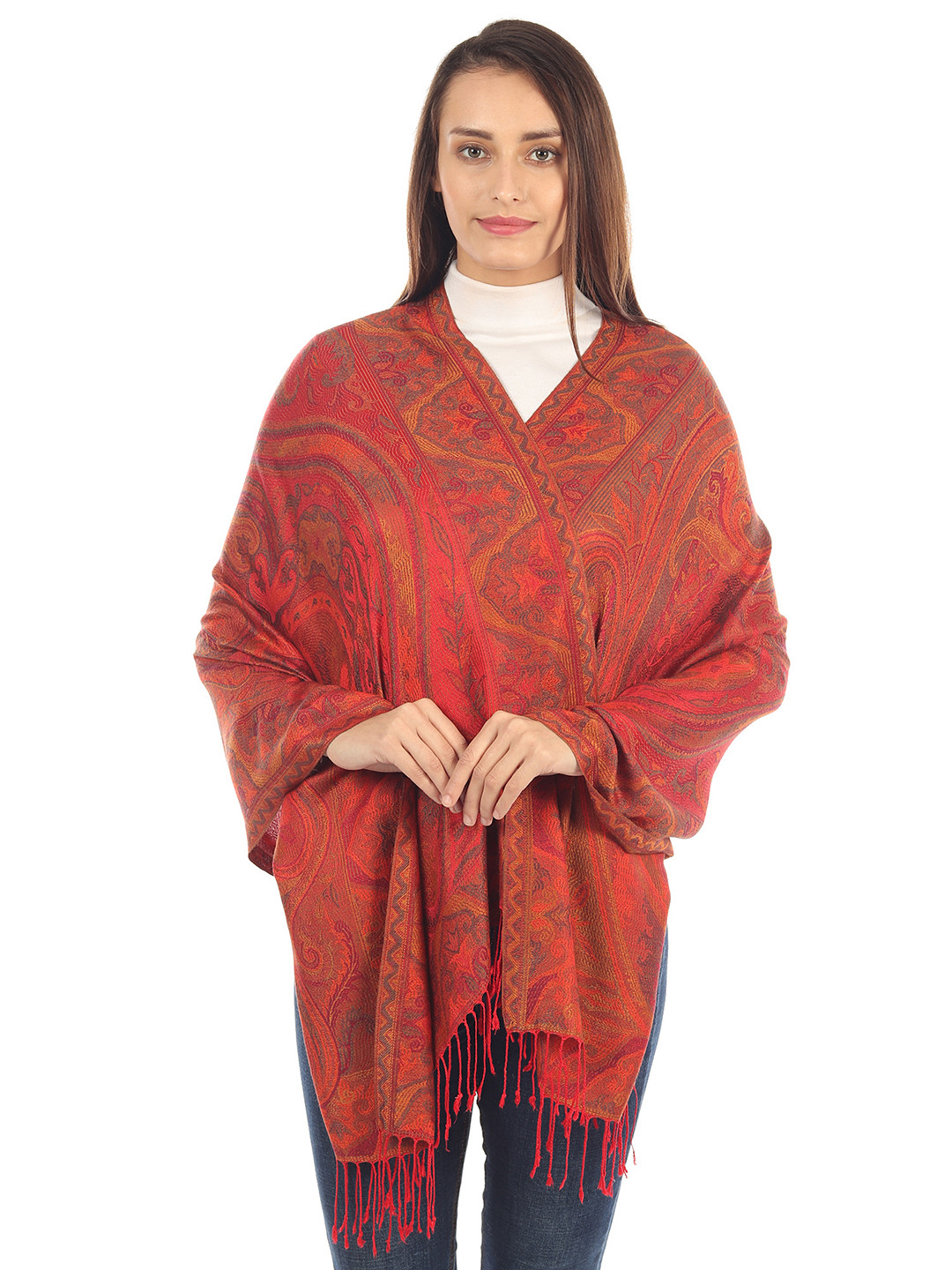 MUFFLY Women Red Woven Design Pashmina Stole