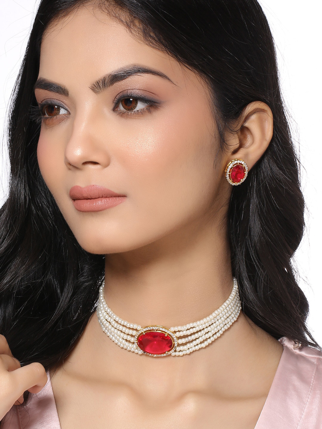 THE AAB STUDIO Gold-Plated Pink & White AD-Studded & Pearl Beaded Jewellery Set