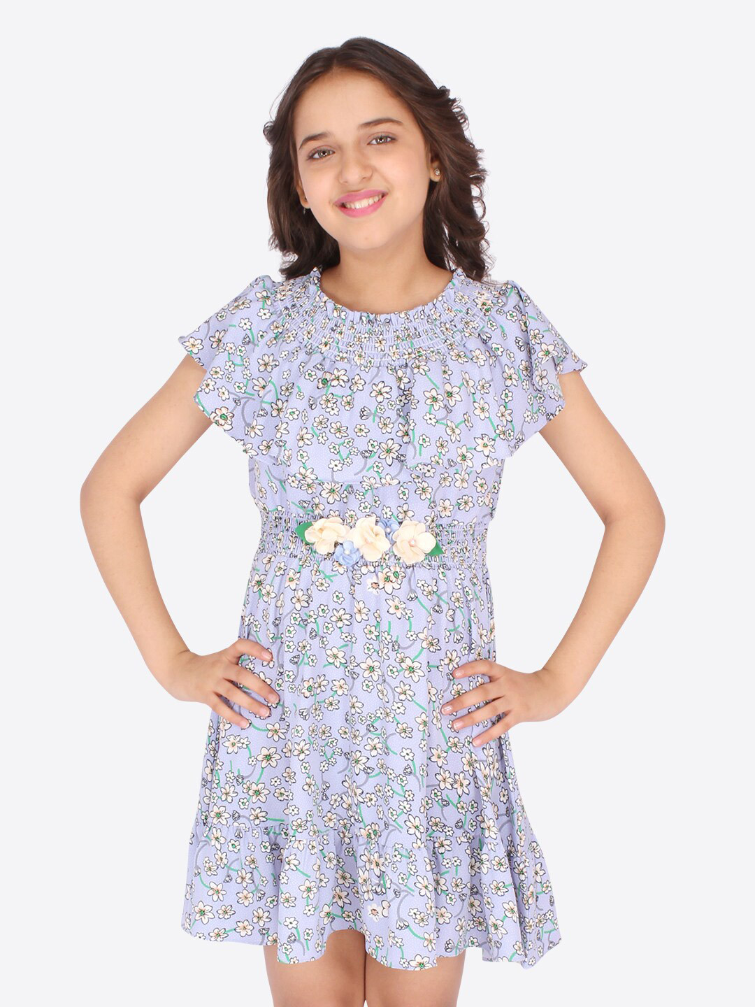 CUTECUMBER Blue & White Floral Printed Fit and Flare Dress
