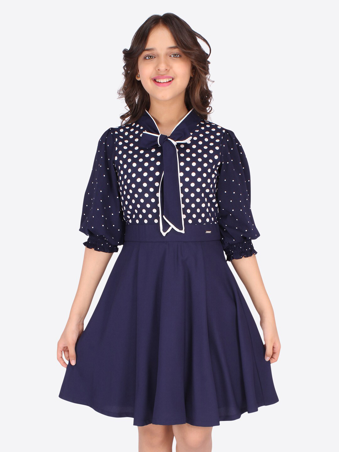 CUTECUMBER Girls Navy Blue & White Peter Pan Collar Fit And Flare Dress