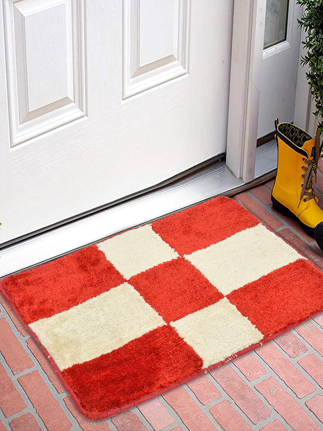 Kuber Industries Set of 2 Red Cream Check Velvet Doormats