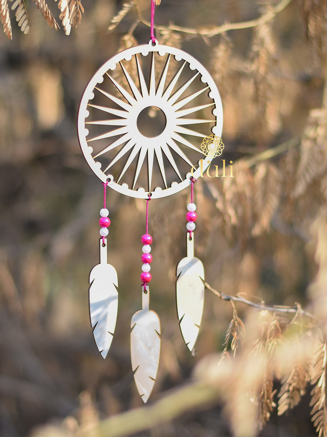 DULI Silver-Toned & Pink Wood Dream Catcher Wall Hanging Windchimes