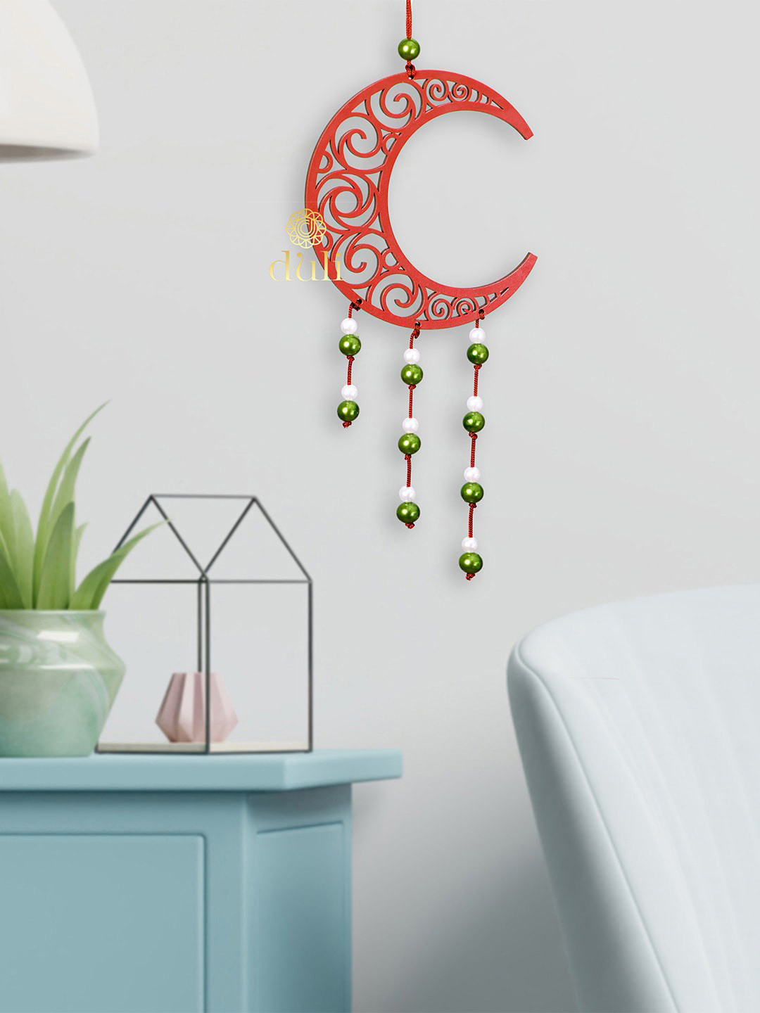 DULI Red Crescent-Shaped Wood Dream Catcher Wall Hanging Windchimes