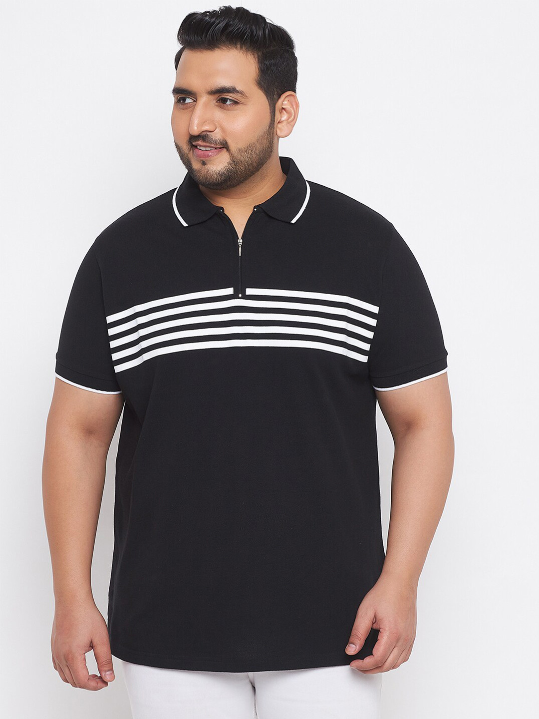 bigbanana Men Plus Size Black & White Striped Polo Collar Cotton T-shirt