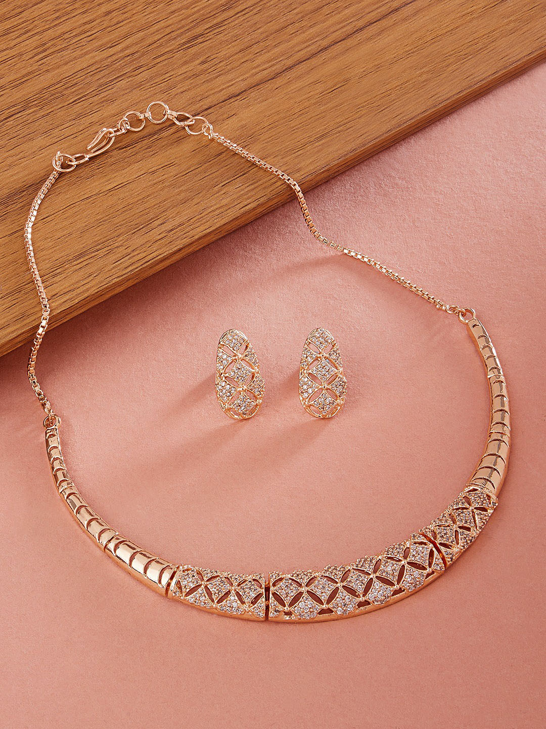 AMI Rose Gold-Plated & White CZ-Studded Jewellery Set