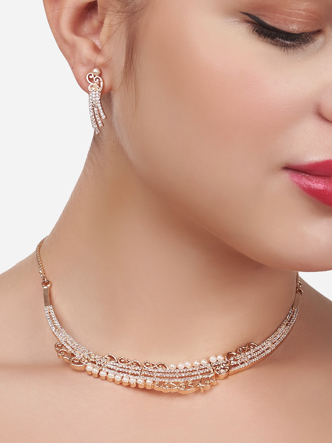 AMI Rose Gold-Plated CZ-Studded Party Bling Designer Necklace & Earring Set