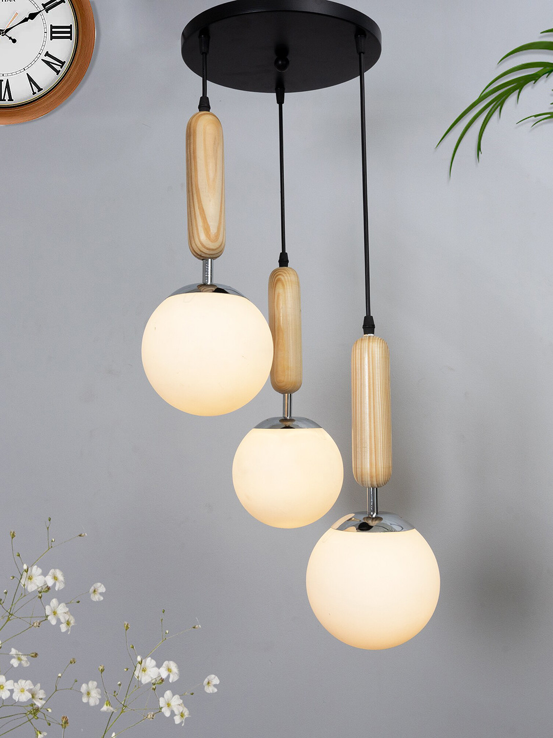 Homesake Beige Wooden Chandelier Round Plate Ceiling Lamp