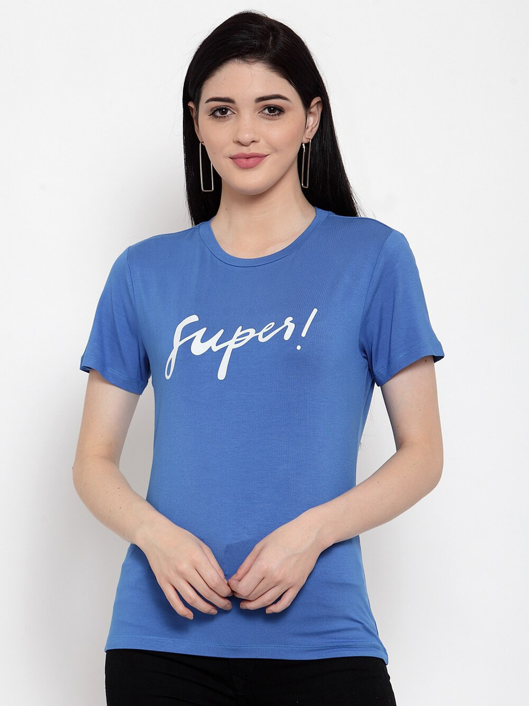 DOOR74 Women Blue Typography Printed Extended Sleeves T-shirt