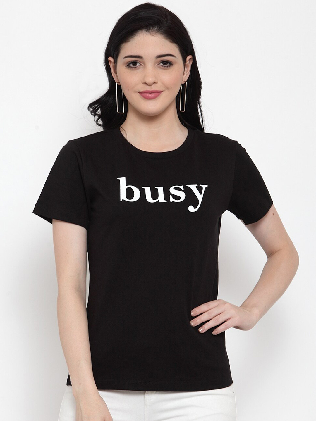 DOOR74 Women Black Typography Printed T-shirt