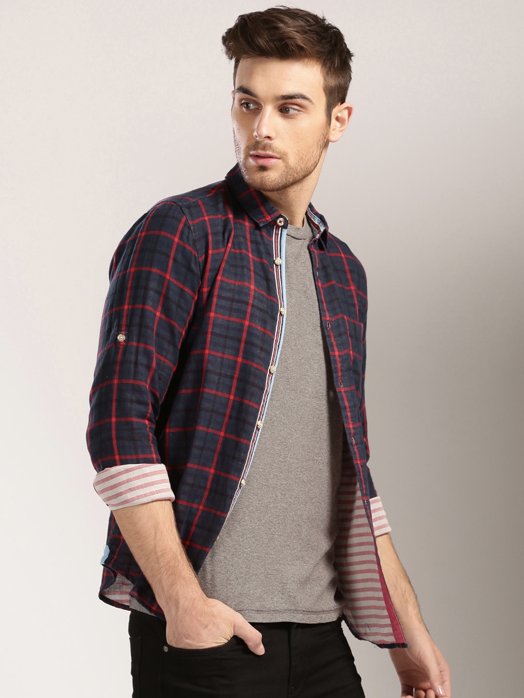 red and navy check shirt