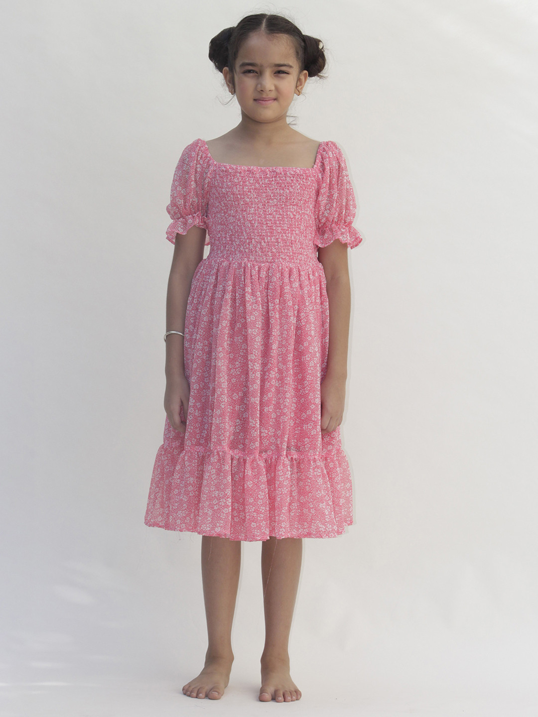 Jungleebilli Peach-Coloured Floral Georgette A-Line Midi Dress