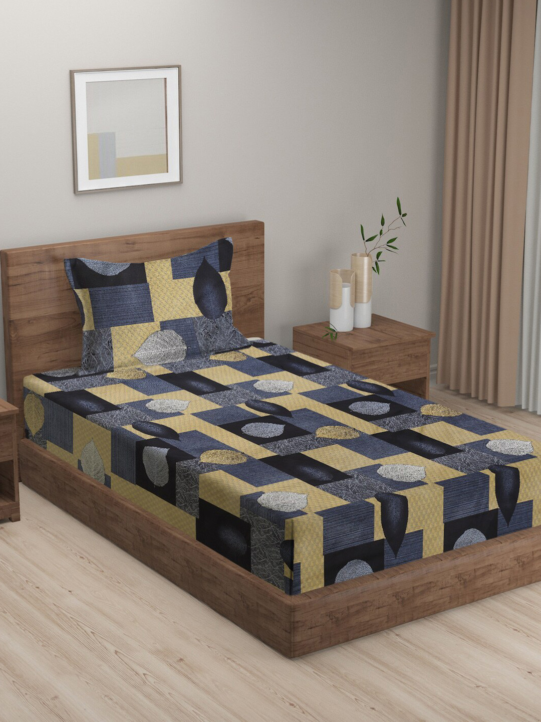 KLOTTHE Beige Floral Polycotton 300 TC Single Fine Bedsheet with a Pillow Cover-87 x 59 inches