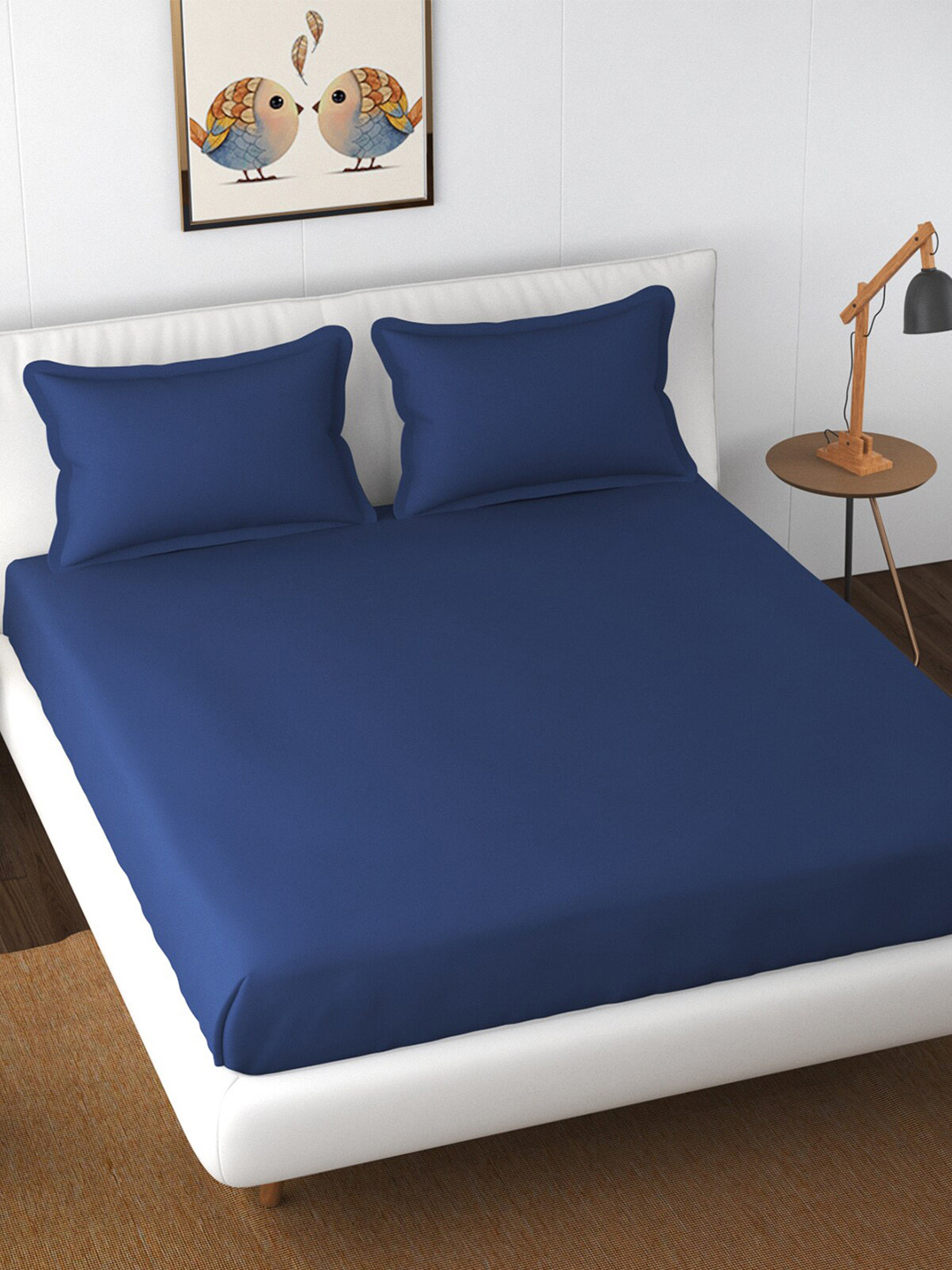 Florida Blue Pure Cotton 300 TC Fitted King Fine Bedsheet with 2 Pillow Covers-71 x 75 inches