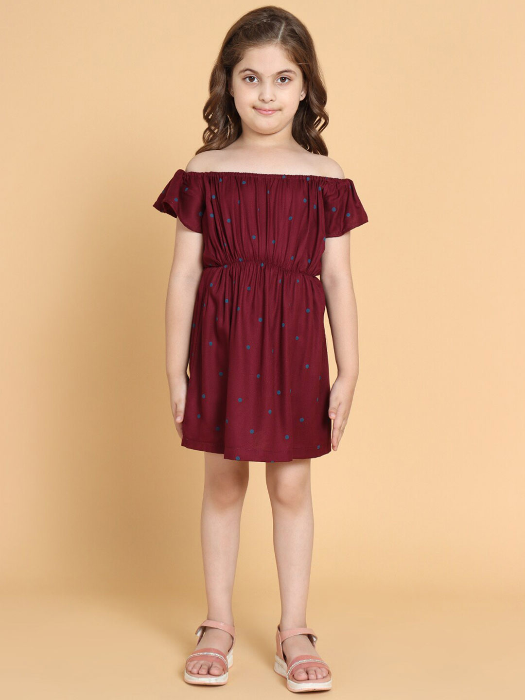 PICCOLO Maroon & rosewood Floral Off-Shoulder Dress