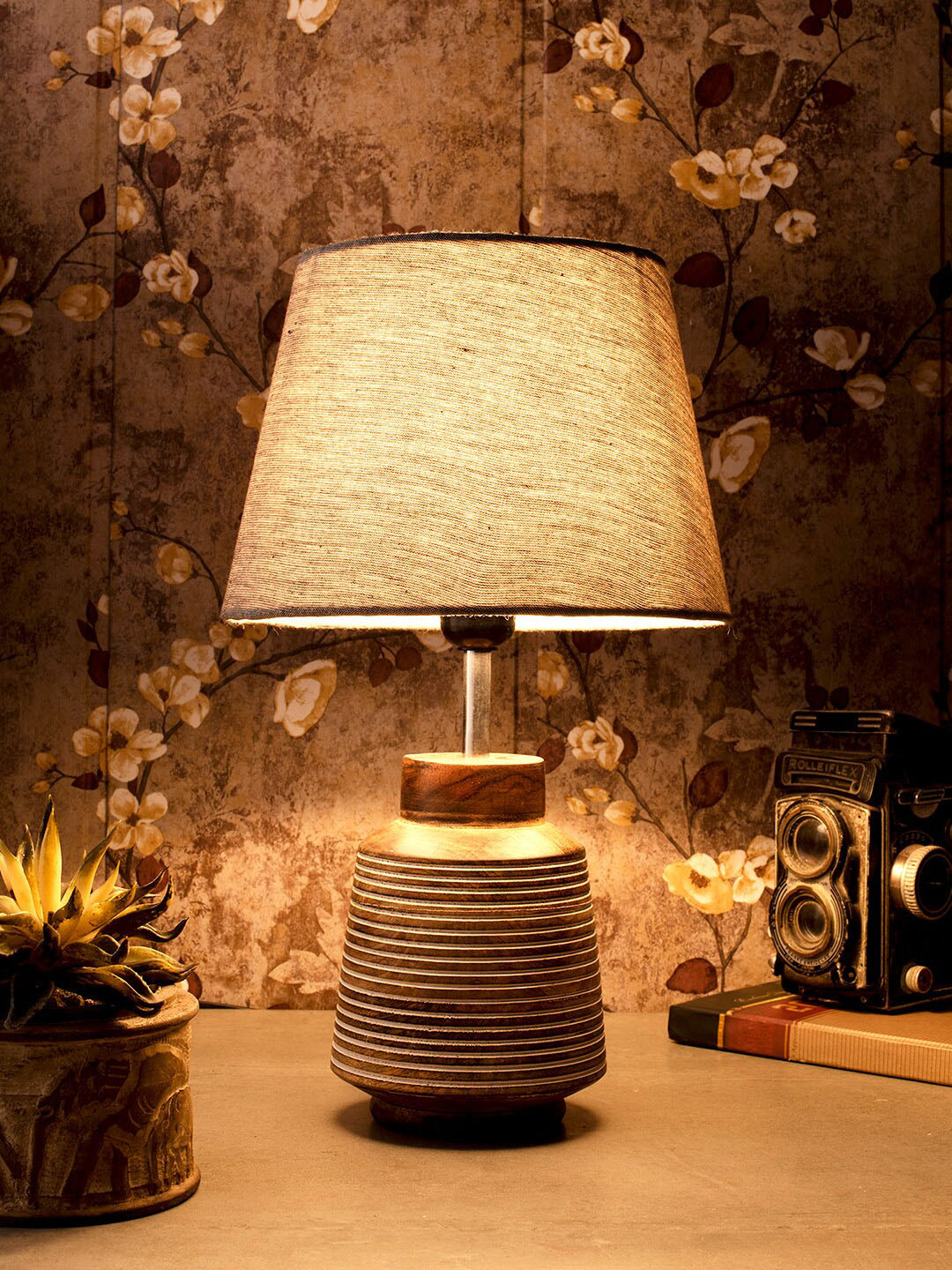 green girgit Brown Wooden Table Lamp with Grey Shade