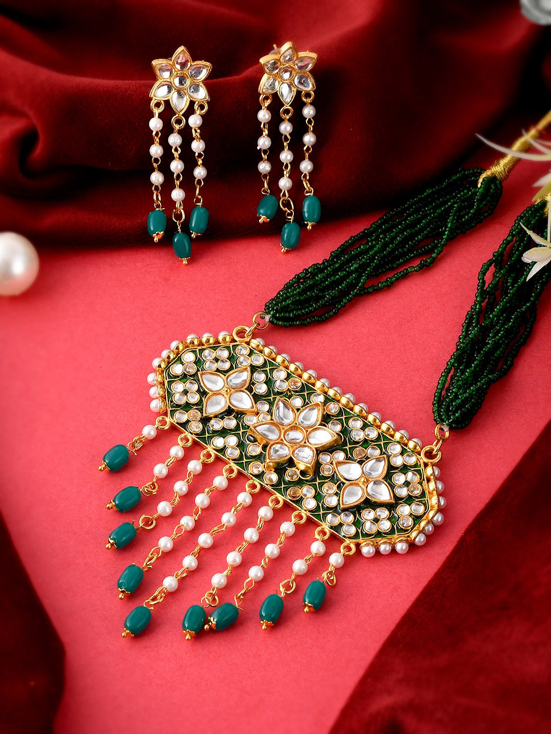 Silvermerc Designs Gold Plated White Kundan-Studded Pearl Beaded Long Necklace Jewellery Set