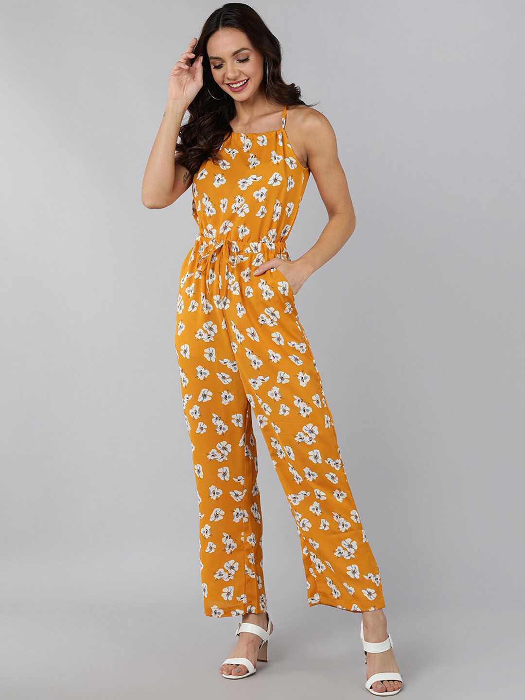 AHIKA Mustard & White Halter Neck Printed Capri Jumpsuit