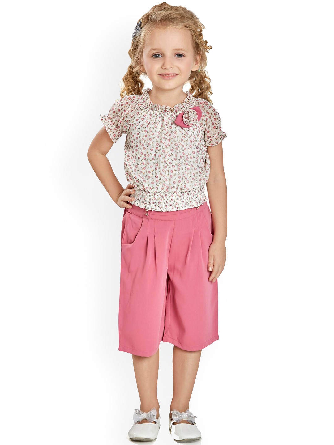 Peppermint Girls Pink & White Printed Top with Capris