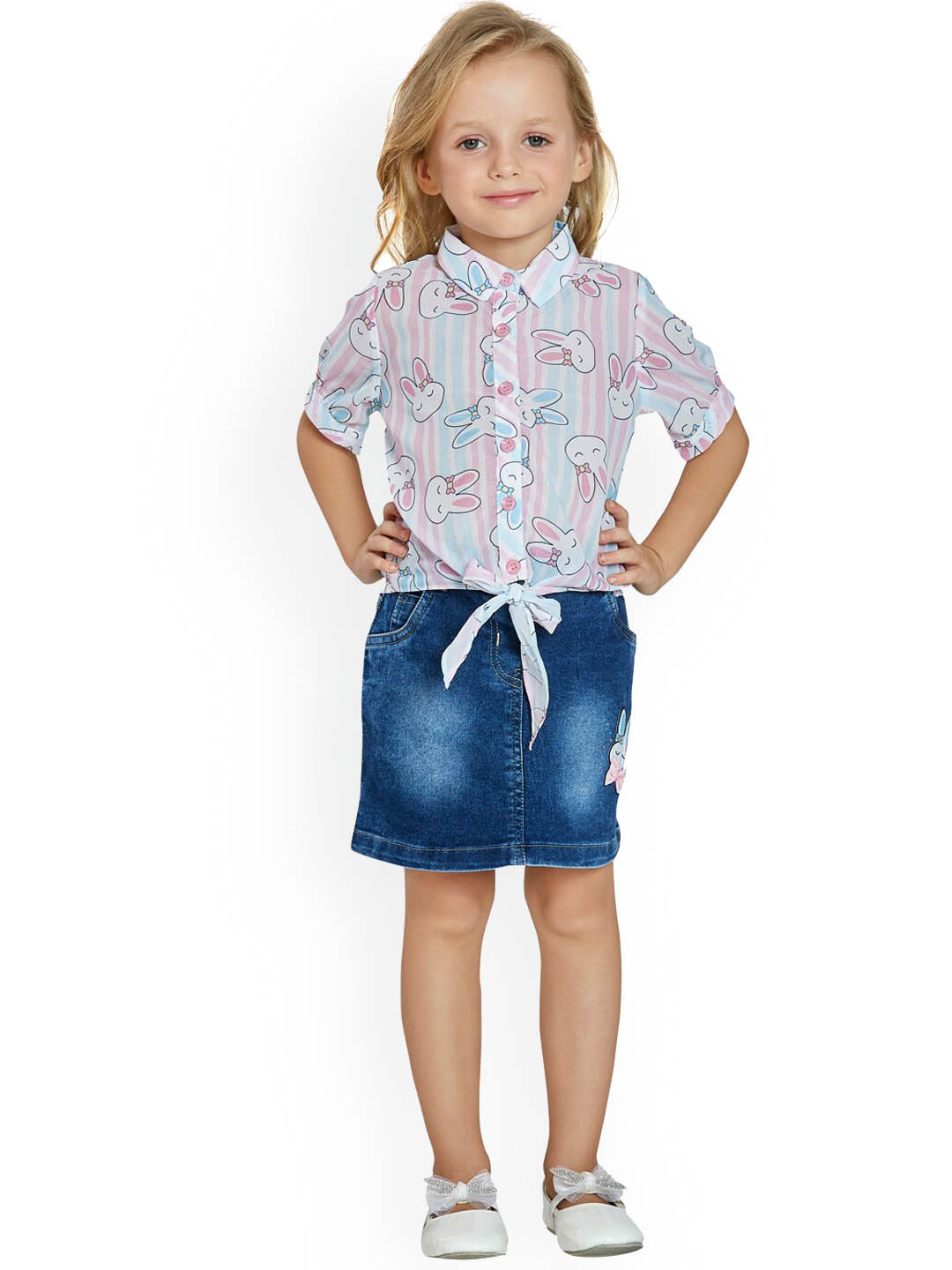 Peppermint Girls Pink & Blue Printed Clothing Set