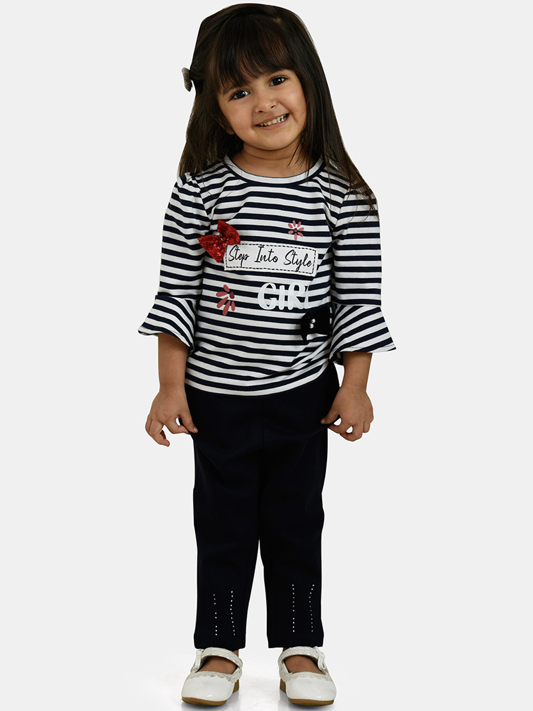 Peppermint Girls Navy Blue & White Striped T-shirt with Trousers