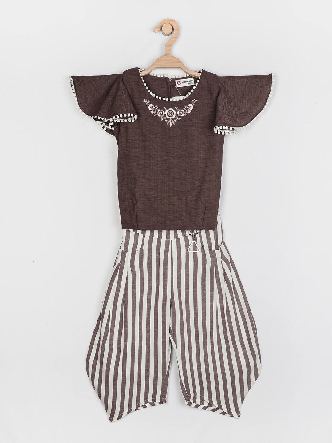 Peppermint Girls Brown Lace Top with Dhoti Pants