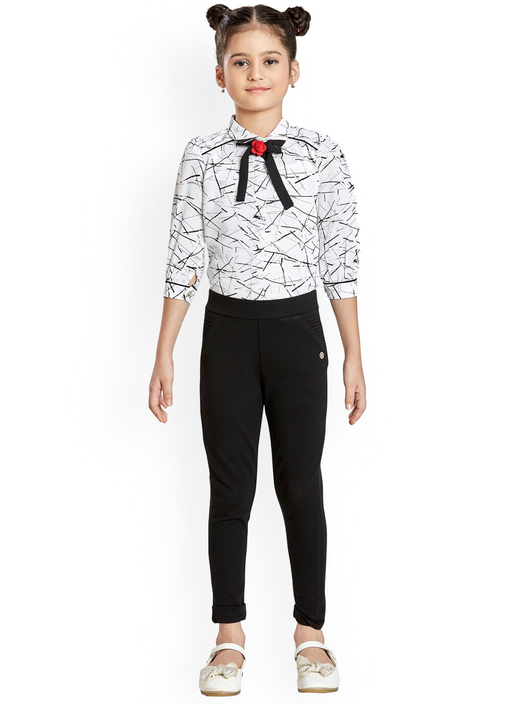 Peppermint Girls Off White & Black Printed Shirt with Leggings