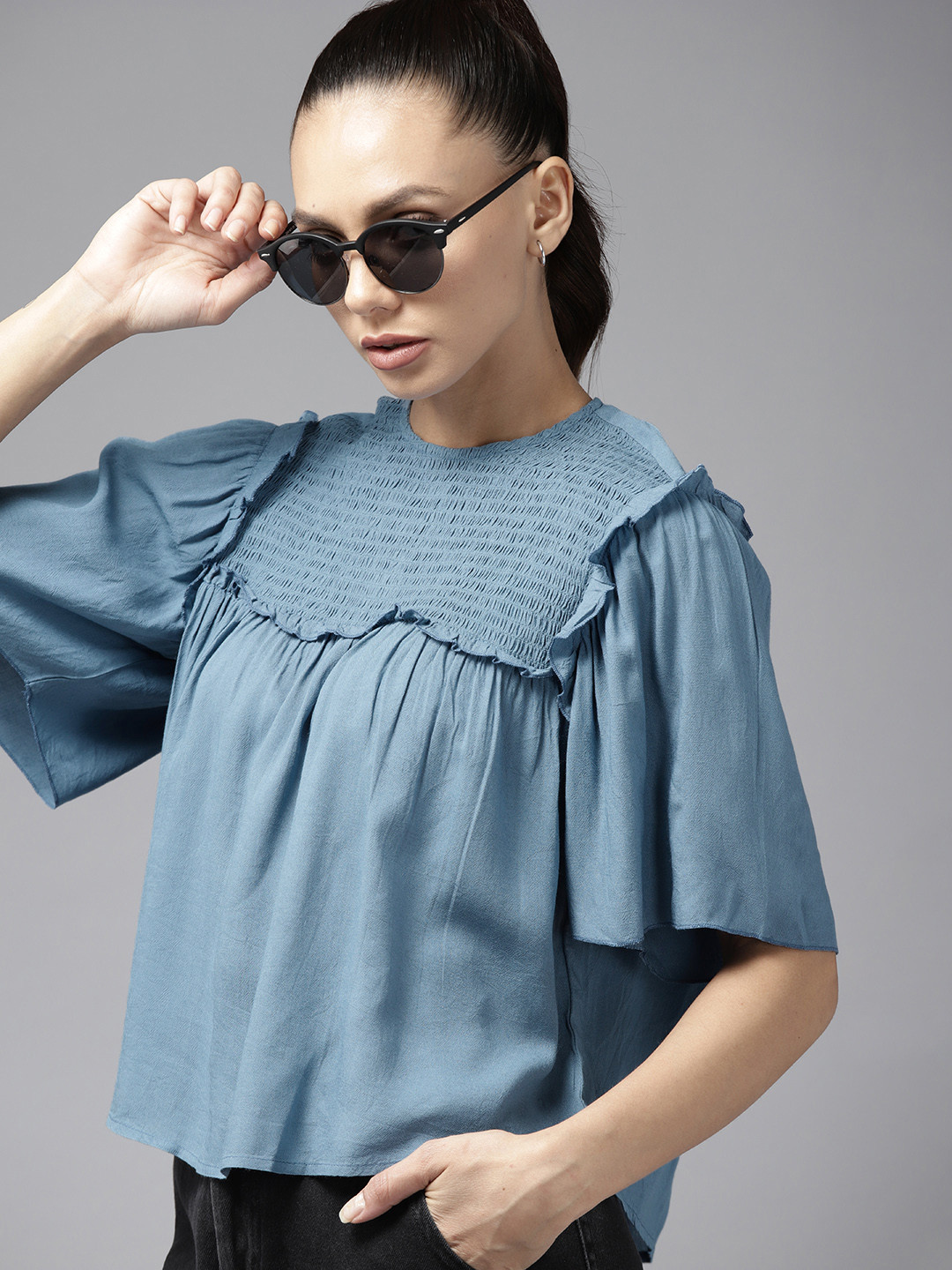 Roadster Blue Ruffles Smocked Top