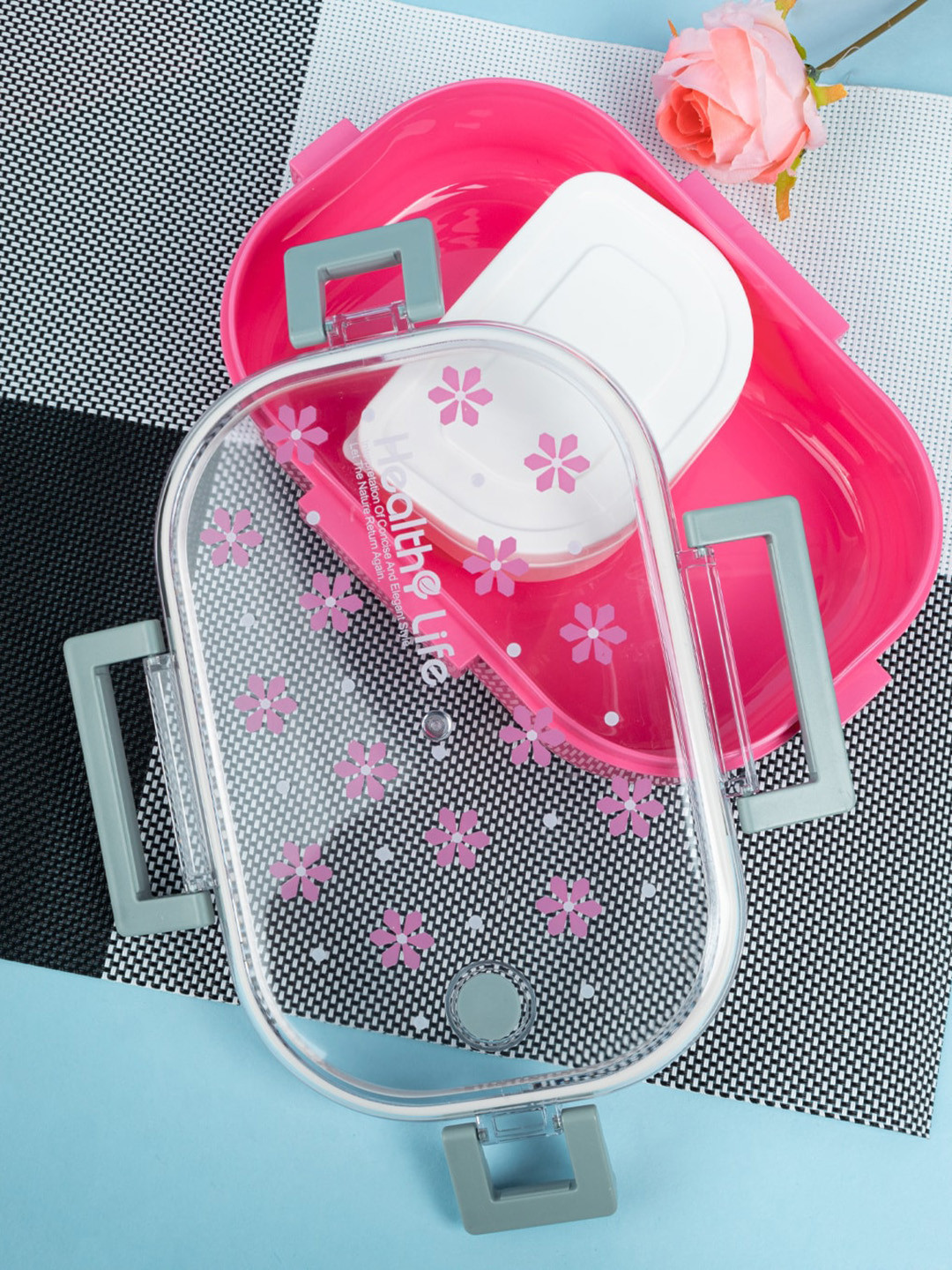 MARKET99 Pink Floral Plastic Dishwasher Safe 1PCs Lunch Box With Spoon and Fork