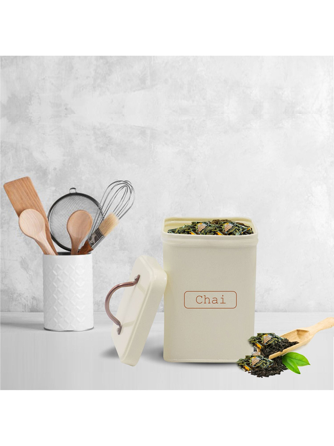 Market99 Chai 14691-Wh Beige Typography Plastic Lightweight Flip Top Canister