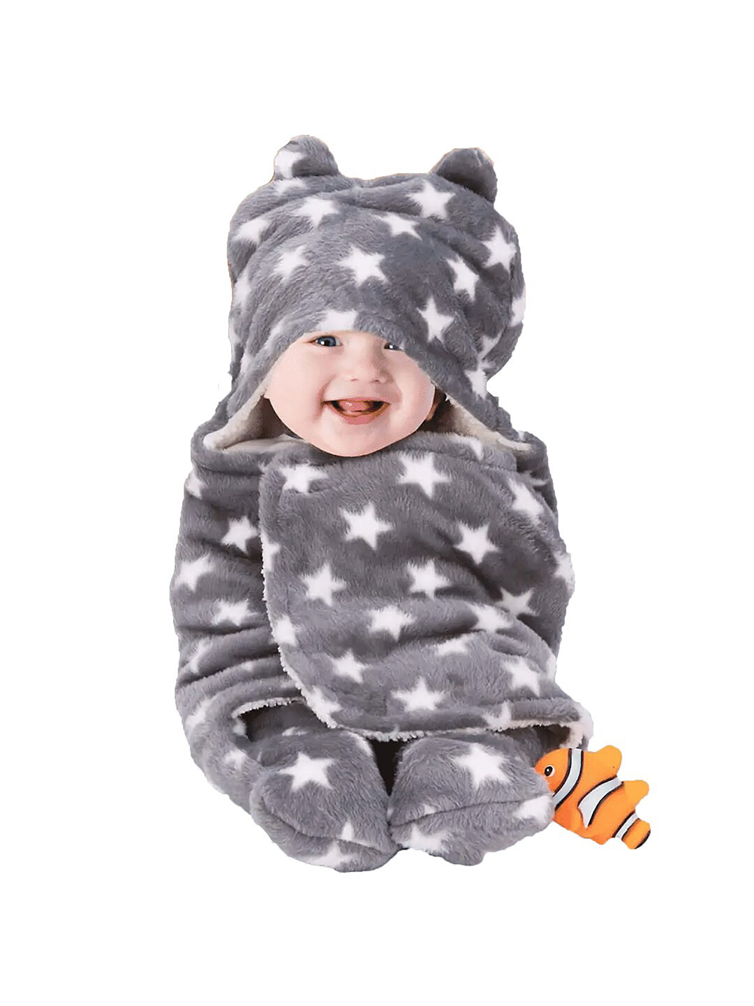 BeyBee Infants Kids Grey Printed 3 In 1 Hooded Baby Blanket Cum Wrapper