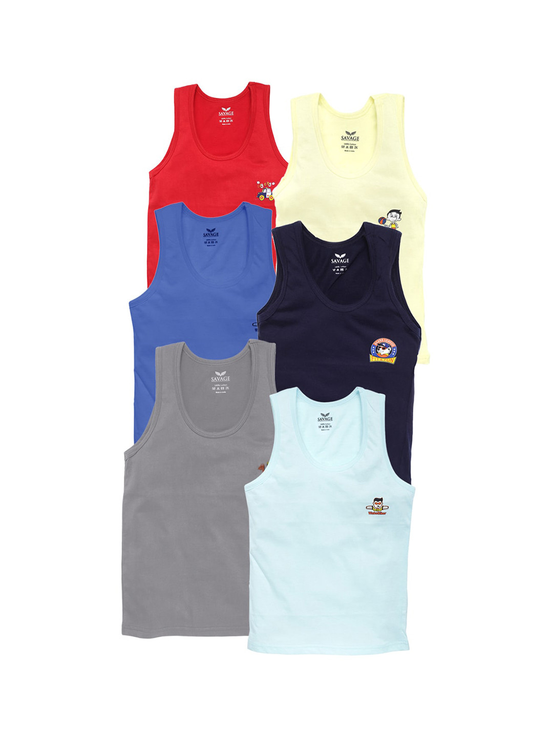 SAVAGE Boys Pack Of 6 Assorted Cotton Tank Vests