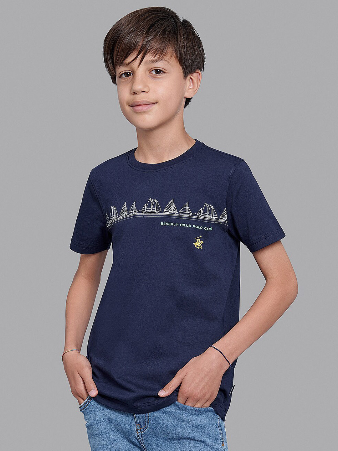 Beverly Hills Polo Club Boys Navy Blue & astral aura Typography Printed T-shirt