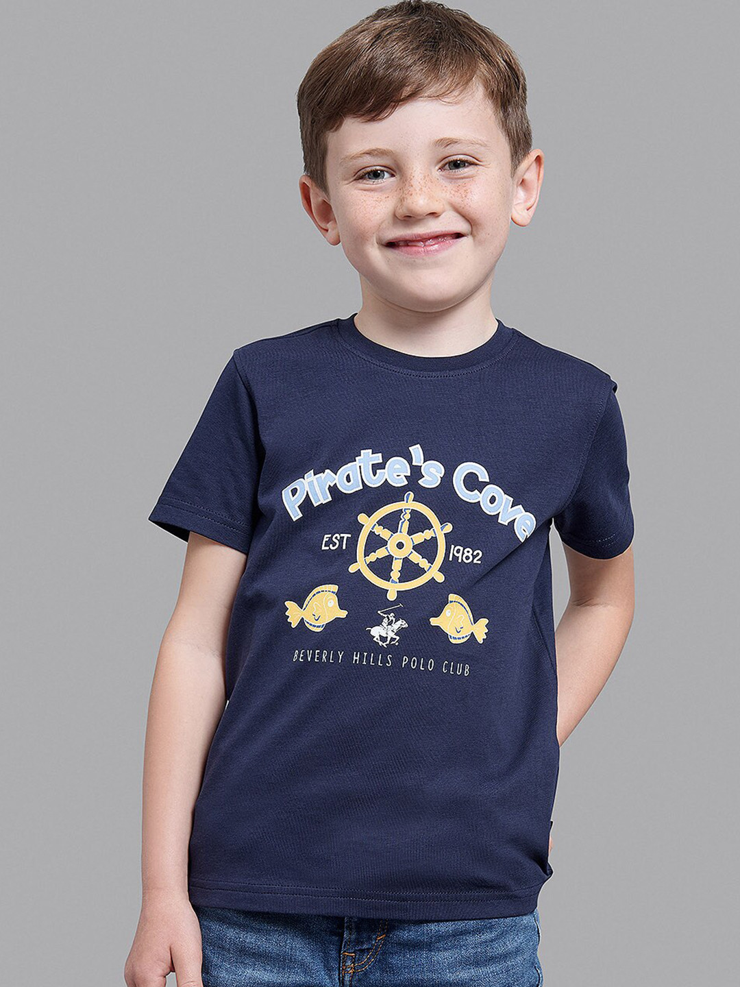 Beverly Hills Polo Club Boys Navy Blue & sodalite blue Typography Printed Applique T-shirt