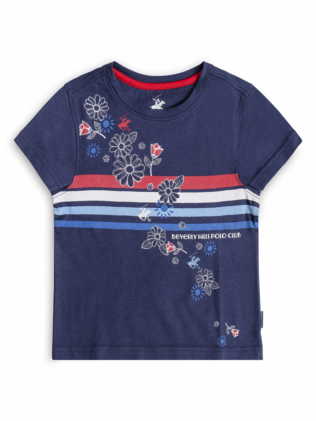 Beverly Hills Polo Club Girls Navy Blue Floral Striped T-shirt