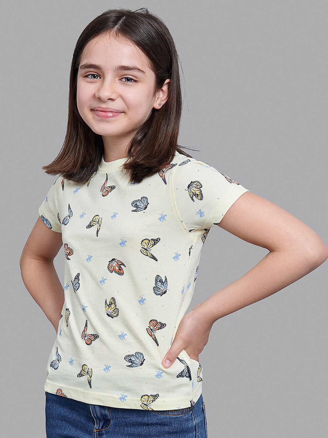 Beverly Hills Polo Club Girls Yellow Printed V-Neck T-shirt